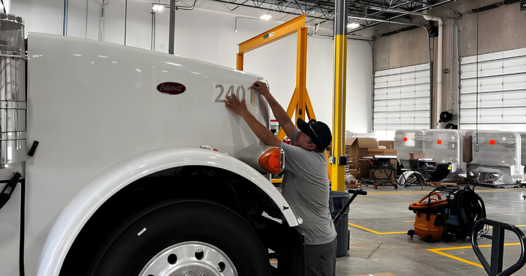Technician installing commercial vehicle identification decals on a white Peterbilt truck at a customer location.